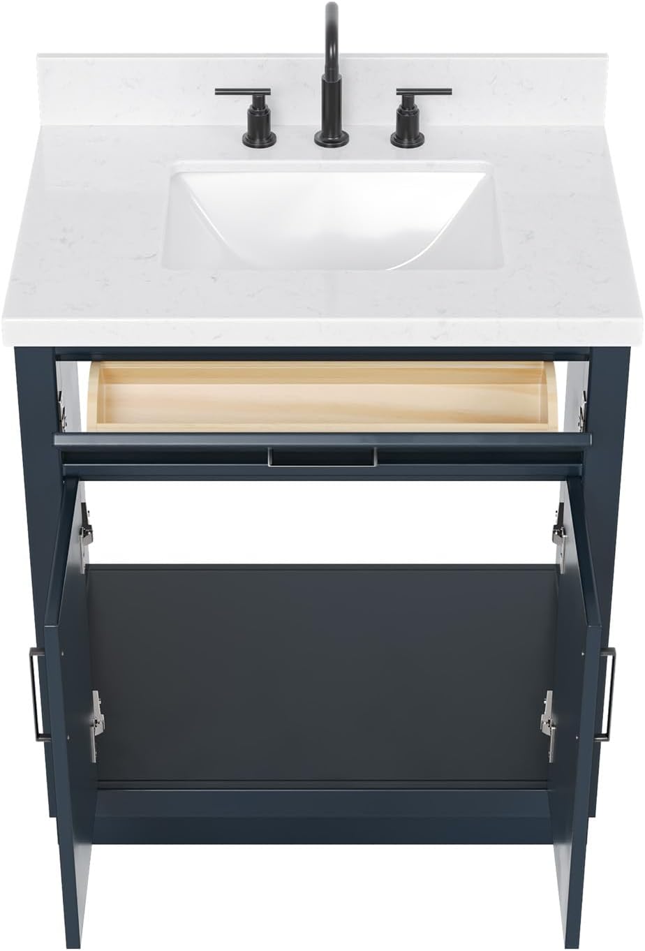 ARIEL Hepburn 30-inch Bathroom Vanity with Sink,Solid Wood, 1.5-inch Carrara White Quartz Countertop, Single Rectangular Porcelain Sink, 2 Soft Closing Doors, 1 Dovetail Drawers, Midnight Blue