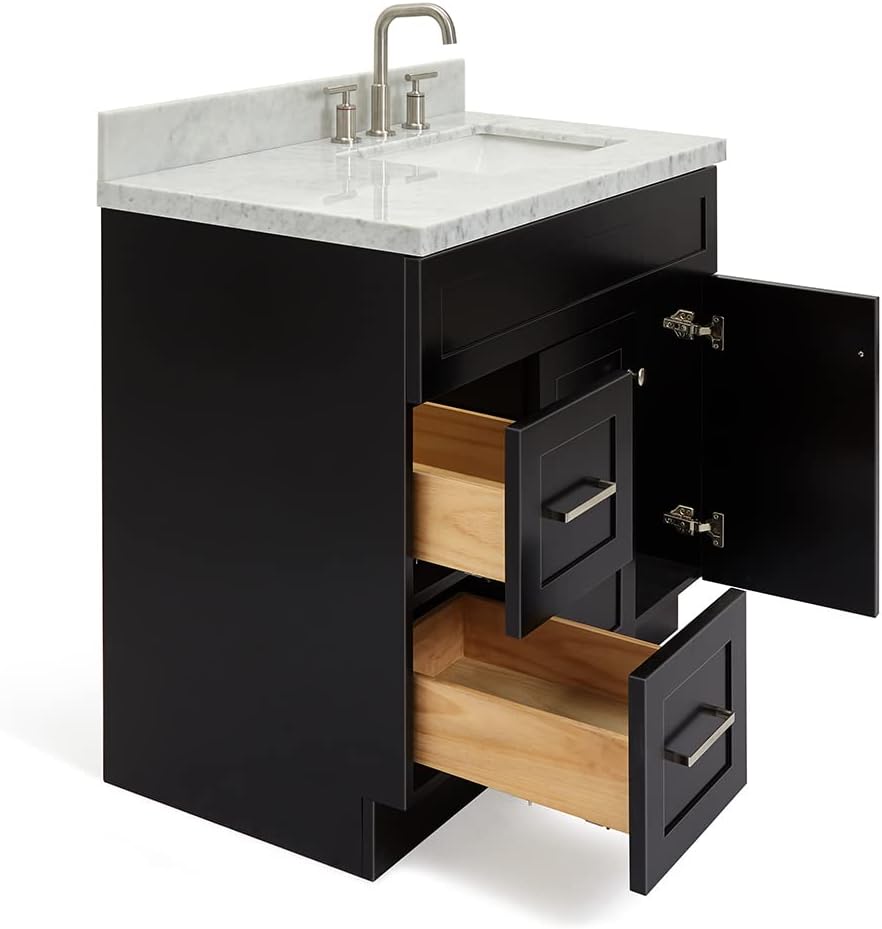 ARIEL Hamlet 36-inch Bathroom Vanity with Sink,Solid Wood, 1.5-inch Italian Carrara Marble Countertop, Single Rectangular Porcelain Sink, 2 Soft Closing Doors, 2 Dovetail Drawers, Black