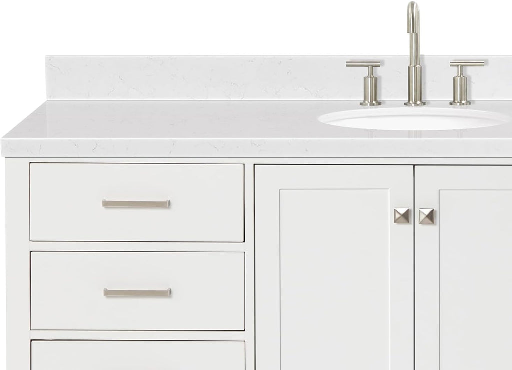 ARIEL Cambridge 66-inch Bathroom Vanity with Sink,Solid Wood, 1.5-inch Carrara White Quartz Countertop & Backsplash, Single Oval Porcelain Sink, 2 Soft Closing Doors, 9 Dovetail Drawers, White