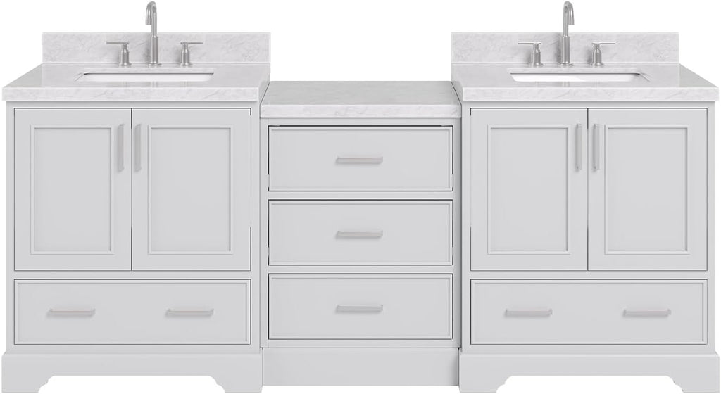 ARIEL Stafford 84-inch Bathroom Vanity with Sink,Solid Wood, 1.5in Italian Carrara Marble Countertop & Backsplash, Double Rectangular Porcelain Sink, 4 Soft Closing Doors, 5 Dovetail Drawers, Grey