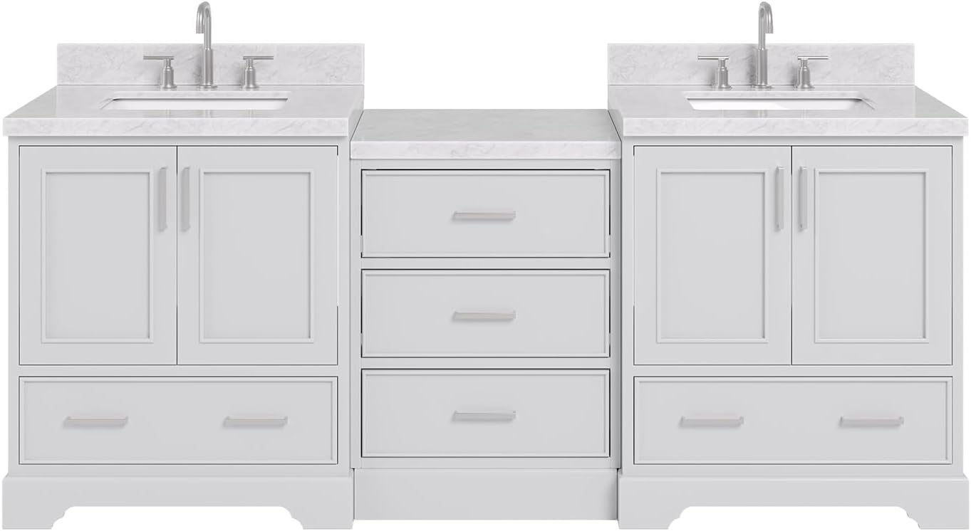 ARIEL Stafford 84-inch Bathroom Vanity with Sink,Solid Wood, 1.5in Italian Carrara Marble Countertop & Backsplash, Double Rectangular Porcelain Sink, 4 Soft Closing Doors, 5 Dovetail Drawers, Grey