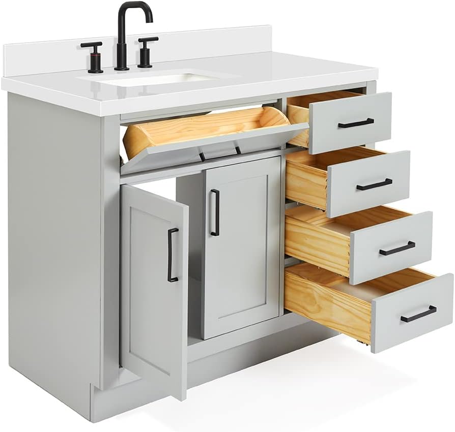 ARIEL 42-Inch Gray Single Bathroom Vanity with 1.5' Edge Pure White Quartz Countertop, Rectangular Undermount Sink, Solid Wood Frame, 2 Soft Closing Doors, 9 Dovetail Drawers, Toe Kick