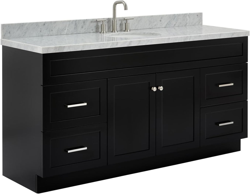 ARIEL Hamlet 66-inch Bathroom Vanity with Sink,Solid Wood, 1.5-inch Italian Carrara Marble Countertop & Backsplash, Single Oval Porcelain Sink, 2 Soft Closing Doors, 4 Dovetail Drawers, Black