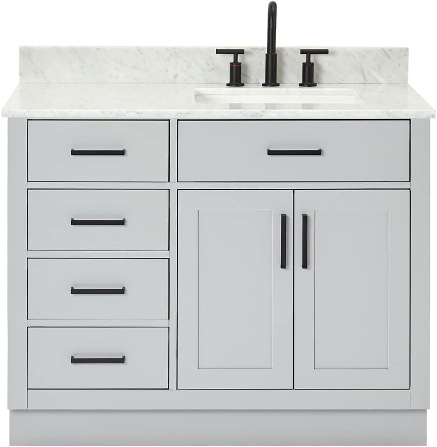 ARIEL Hepburn 43' Inch Right Offset Rectangle Sink Vanity with 0.75 Inch Edge Carrara White Countertop in Grey