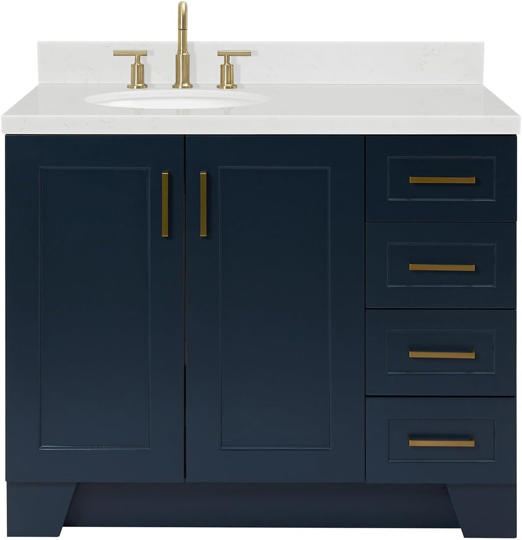 ARIEL Taylor 42 in. Left Offset Oval Sink Bathroom Vanity with Carrara White Quartz Countertop 1.5 Edge in Midnight Blue