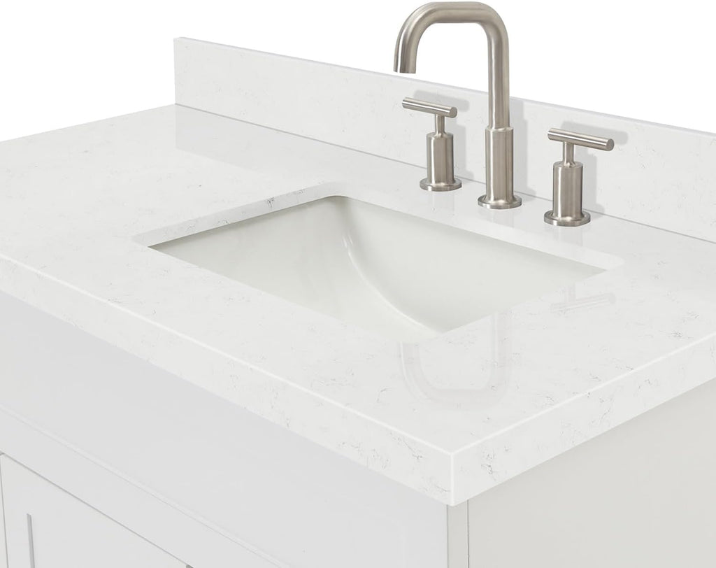 DKB Bradford 42-Inch White Single Bathroom Vanity with 1.5-Inch Carrara Quartz Countertop, Right Rectangular Sink, Solid Wood Frame, 2 Soft-Closing Doors, 2 Full Extension Dovetail Drawers, Toe Kick