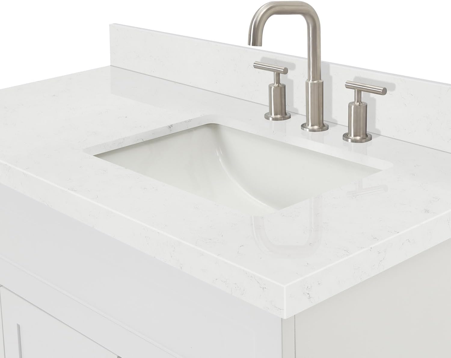 DKB Bradford 42-Inch White Single Bathroom Vanity with 1.5-Inch Carrara Quartz Countertop, Right Rectangular Sink, Solid Wood Frame, 2 Soft-Closing Doors, 2 Full Extension Dovetail Drawers, Toe Kick