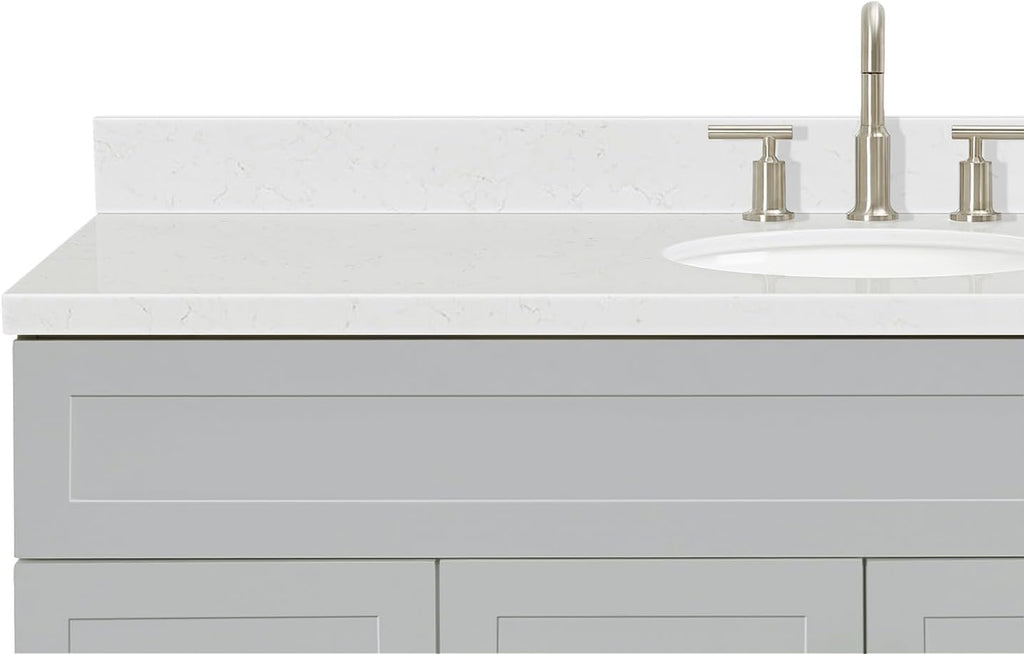 ARIEL Hamlet 60-inch Bathroom Vanity with Sink,Solid Wood, 1.5-inch Carrara White Quartz Countertop & Backsplash, Single Oval Porcelain Sink, 2 Soft Closing Doors, 4 Dovetail Drawers, Grey