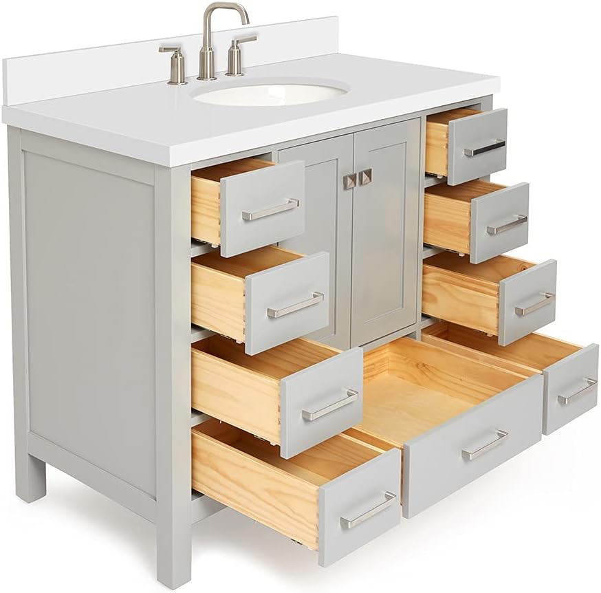 DKB Beckford 42-Inch Gray Bathroom Vanity with Sink, 1.5-Inch Pure White Quartz Countertop & Sidesplash, Oval Undermount Sink, 2 Soft Closing Doors, 9 Full Extension Dovetail Drawers, Satin Nickel