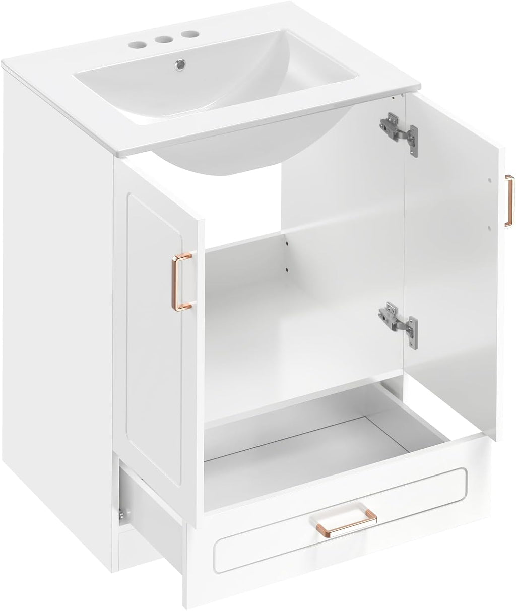 Sweetcrispy 24' Modern Bathroom Vanity with Ceramic Basin, Undermount Vanity Sink Cabinet with 2 Doors and 1 Drawer, Free Standing Bathroom Storage Cabinet with Sink Combo Set, Ivory