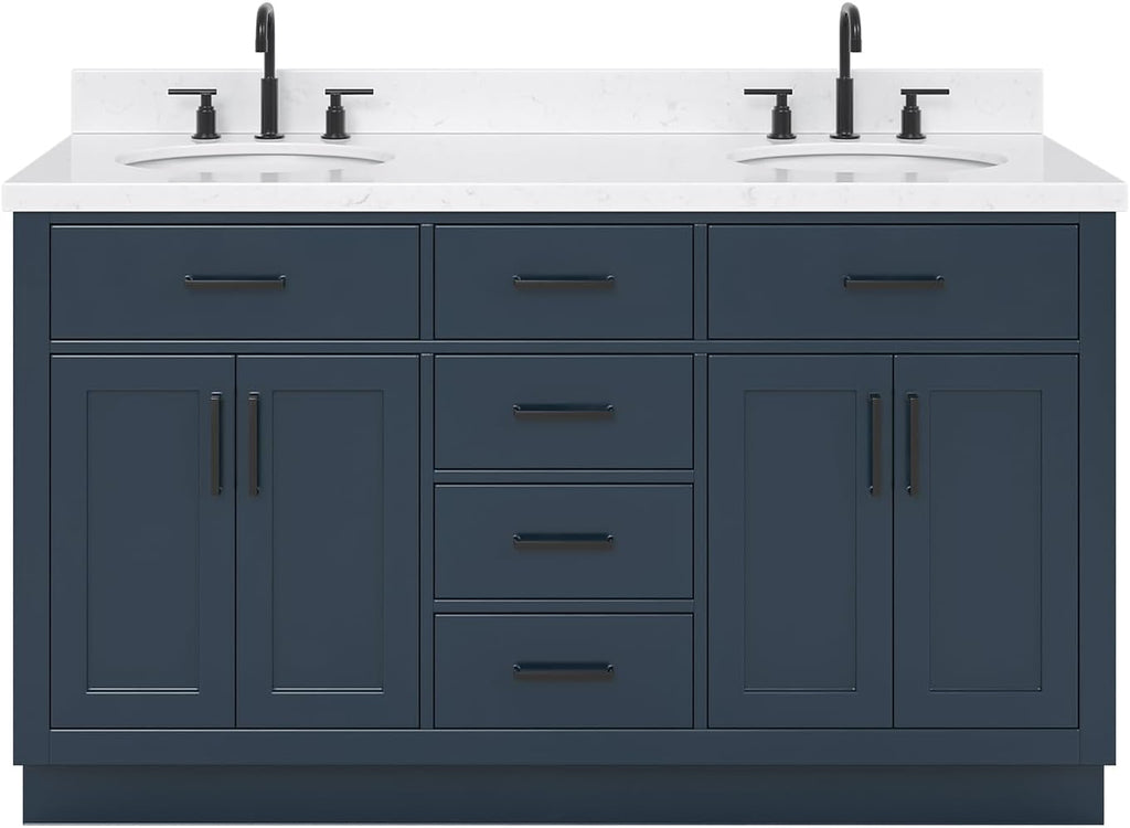 ARIEL Hepburn 72-inch Bathroom Vanity with Sink,Solid Wood, 1.5-inch Carrara White Quartz Countertop, Double Oval Porcelain Sink, 4 Soft Closing Doors, 6 Dovetail Drawers, Midnight Blue