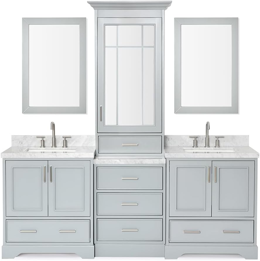 ARIEL Stafford 84-inch Bathroom Vanity with Sink,Solid Wood, 1.5-inch Italian Carrara Marble Countertop, Double Rectangular Porcelain Sink, 5 Soft Closing Doors, 6 Dovetail Drawers, Grey