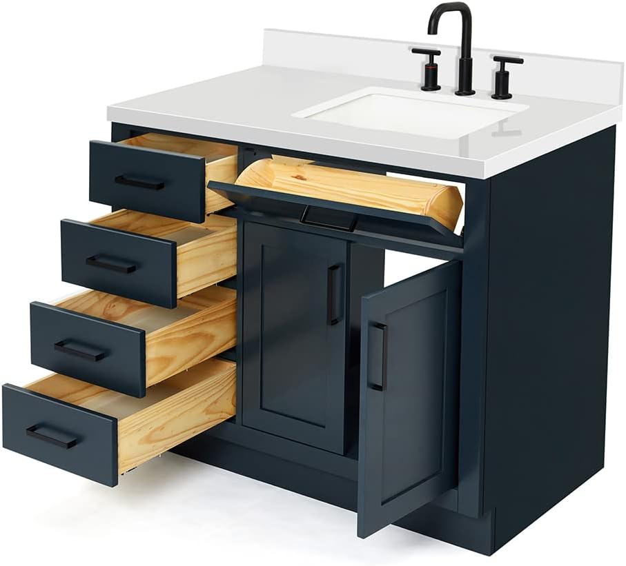 DKB Isabella 42' Midnight Blue Single Bathroom Vanity with Rectangular Undermount Sink, 1.5' Pure White Quartz Countertop, Solid Wood Frame, 2 Soft Closing Doors, 5 Full Extension Dovetail Drawers