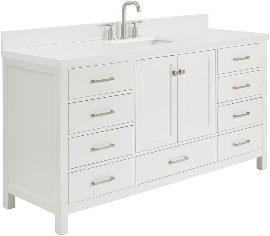 ARIEL Cambridge 66-inch Bathroom Vanity with Sink,Solid Wood, 1.5-inch Pure White Quartz Countertop & Backsplash, Single Rectangular Porcelain Sink, 2 Soft Closing Doors, 9 Dovetail Drawers, White