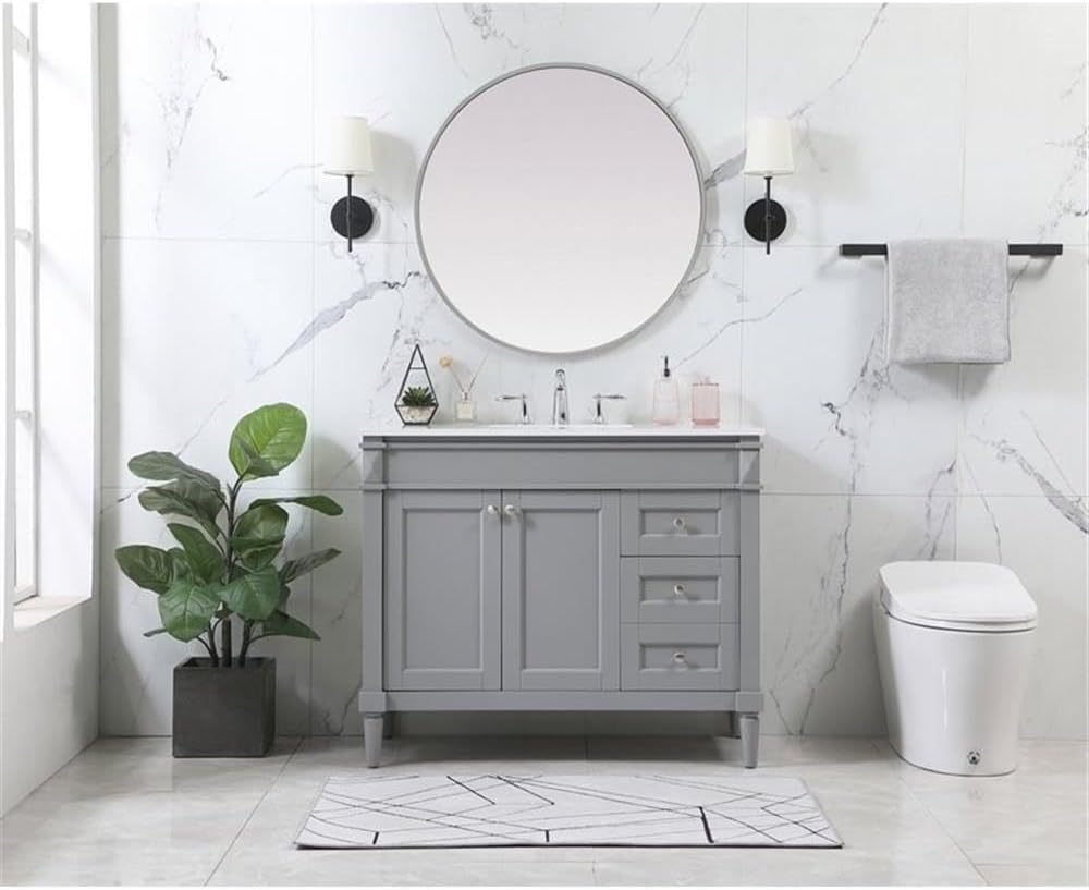 Pemberly Row 42' Aluminum MDF Bathroom Vanity, Gray Finish, Quartz Countertop in Ivory White, Rectangular Sink, Soft Close Hinges and Glides, 2-Door Cabinet, Modern Transitional Style for Bathroom Use