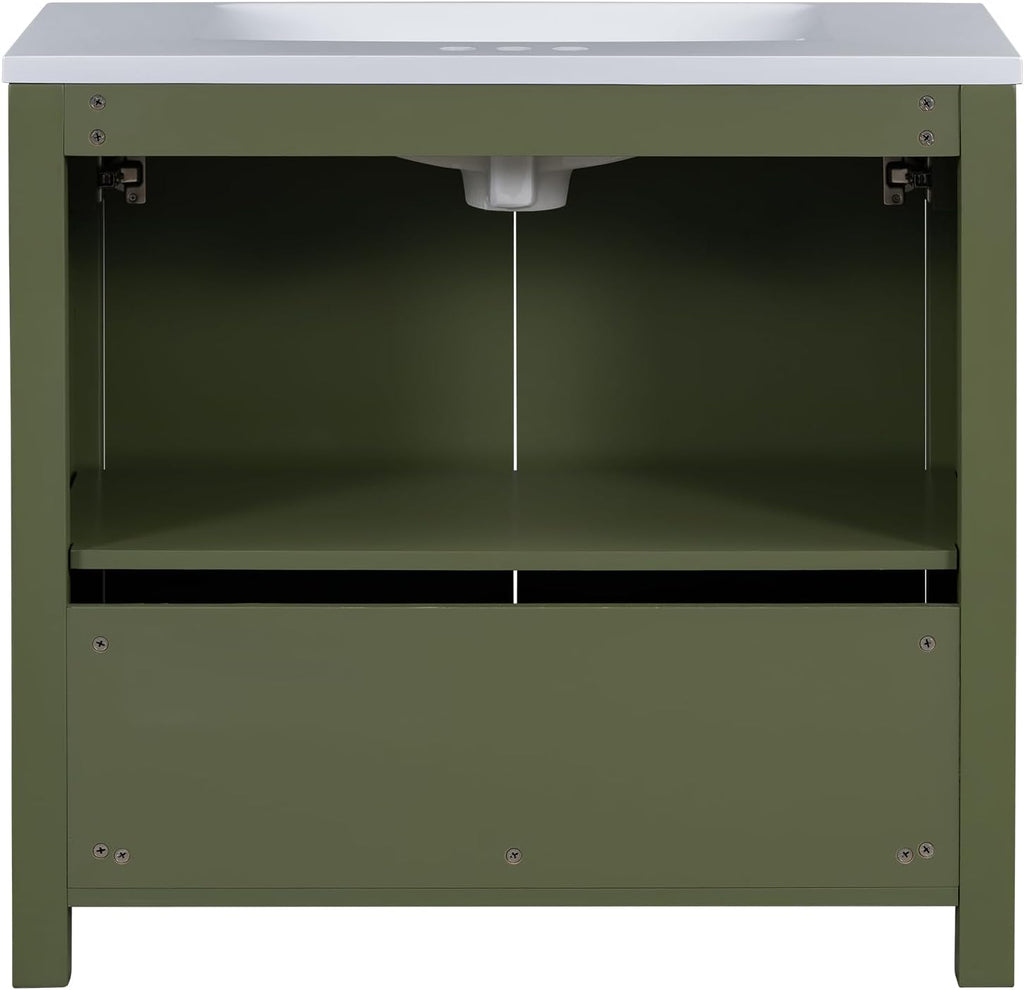 Harper & Bright Designs 36' Bathroom Vanity with Sink, Free Standing Single Vanity Set with Larger Cabinet & Adjustable Shelf, Wooden Bathroom Cabinet with Ceramic Basin for Bathroom, Olive Green