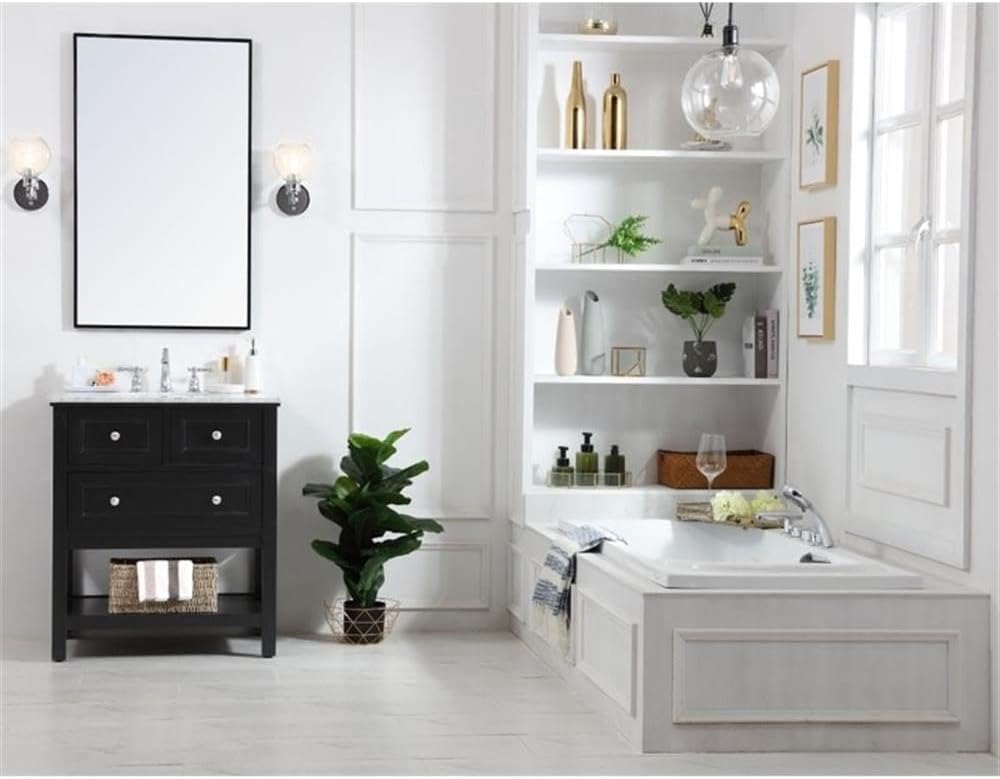 Pemberly Row 30' Single Bathroom Vanity, Marble Top, Black Finish, Solid Poplar Wood Base, White Porcelain Undermount Sink, Soft Close Drawer, Open Shelf, Contemporary Design for Modern Bathrooms