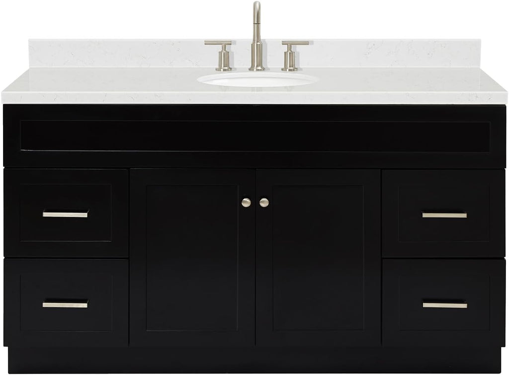 ARIEL Hamlet 60-inch Bathroom Vanity with Sink,Solid Wood, 1.5-inch Carrara White Quartz Countertop & Backsplash, Single Oval Porcelain Sink, 2 Soft Closing Doors, 4 Dovetail Drawers, Black