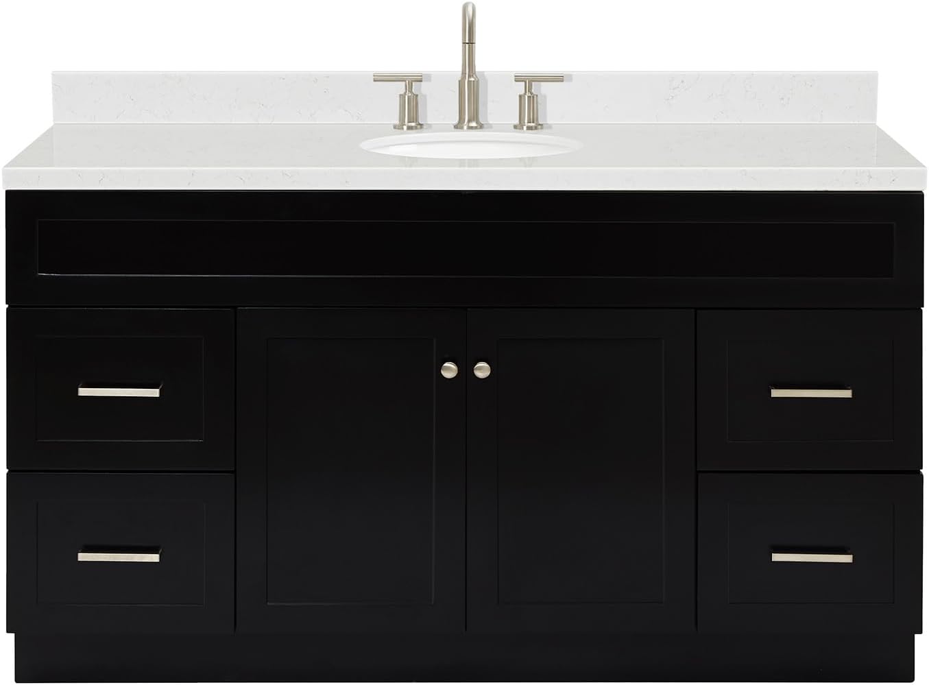 ARIEL Hamlet 60-inch Bathroom Vanity with Sink,Solid Wood, 1.5-inch Carrara White Quartz Countertop & Backsplash, Single Oval Porcelain Sink, 2 Soft Closing Doors, 4 Dovetail Drawers, Black