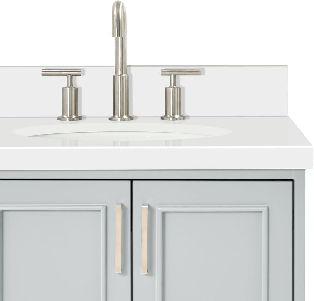DKB Langford 42-inch Grey Bathroom Vanity with Right Oval Single Sink, Pure White Quartz Countertop & Backsplash, Solid Wood Frame, Soft-Closing & Dovetail Drawers