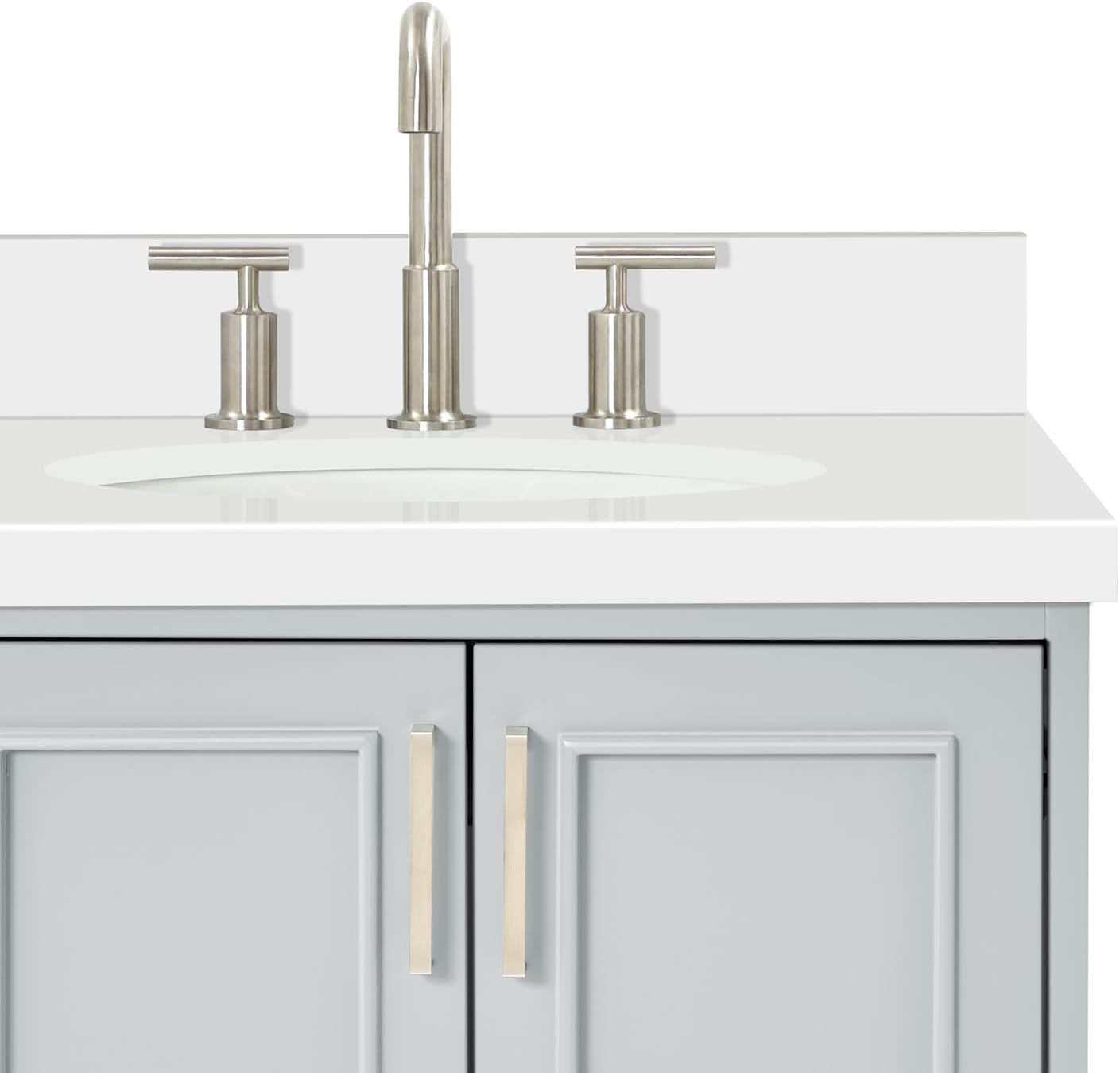 DKB Langford 42-inch Grey Bathroom Vanity with Right Oval Single Sink, Pure White Quartz Countertop & Backsplash, Solid Wood Frame, Soft-Closing & Dovetail Drawers