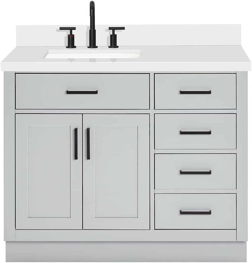 ARIEL 42-Inch Gray Single Bathroom Vanity with 1.5' Edge Pure White Quartz Countertop, Rectangular Undermount Sink, Solid Wood Frame, 2 Soft Closing Doors, 9 Dovetail Drawers, Toe Kick