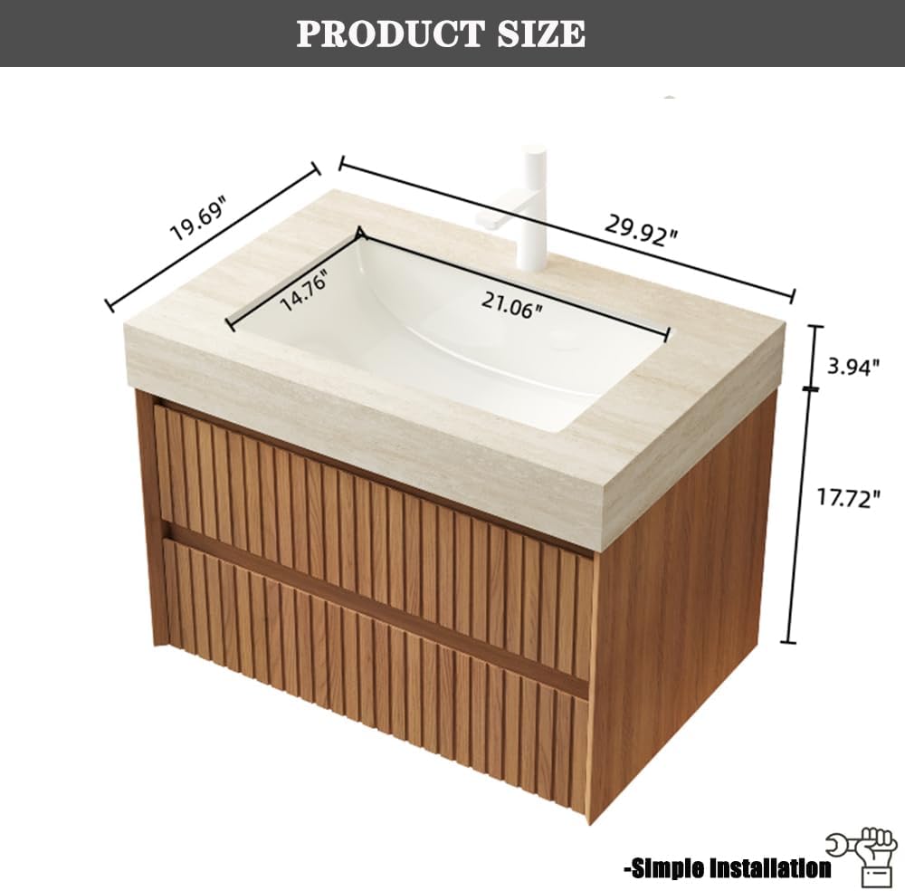 30' Bathroom Vanity with Sink, Modern Bathroom Floating Vanity with Travertine-Pattern Sintered Stone Top & Ceramic Undermount Basin, Pre-Assembled W/2 Drawers, Espresso