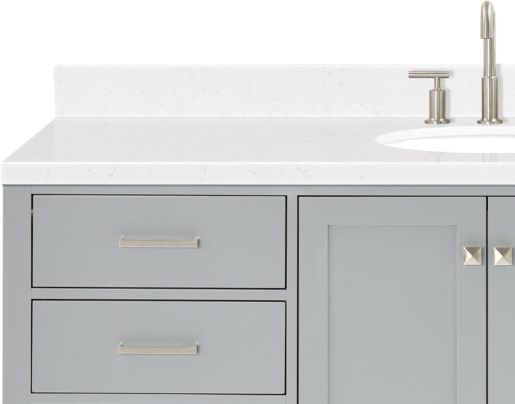 ARIEL Cambridge 66-inch Bathroom Vanity with Sink,Solid Wood, 1.5-inch Carrara White Quartz Countertop & Backsplash, Single Oval Porcelain Sink, 2 Soft Closing Doors, 9 Dovetail Drawers, Grey