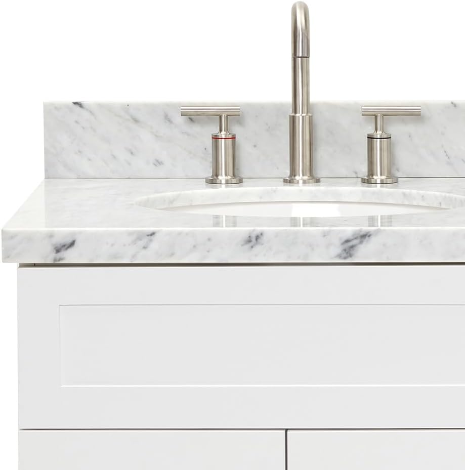 ARIEL Hamlet 60-inch Bathroom Vanity with Sink,Solid Wood, 1.5-inch Italian Carrara Marble Countertop & Backsplash, Double Oval Porcelain Sink, 4 Soft Closing Doors, 3 Dovetail Drawers, White