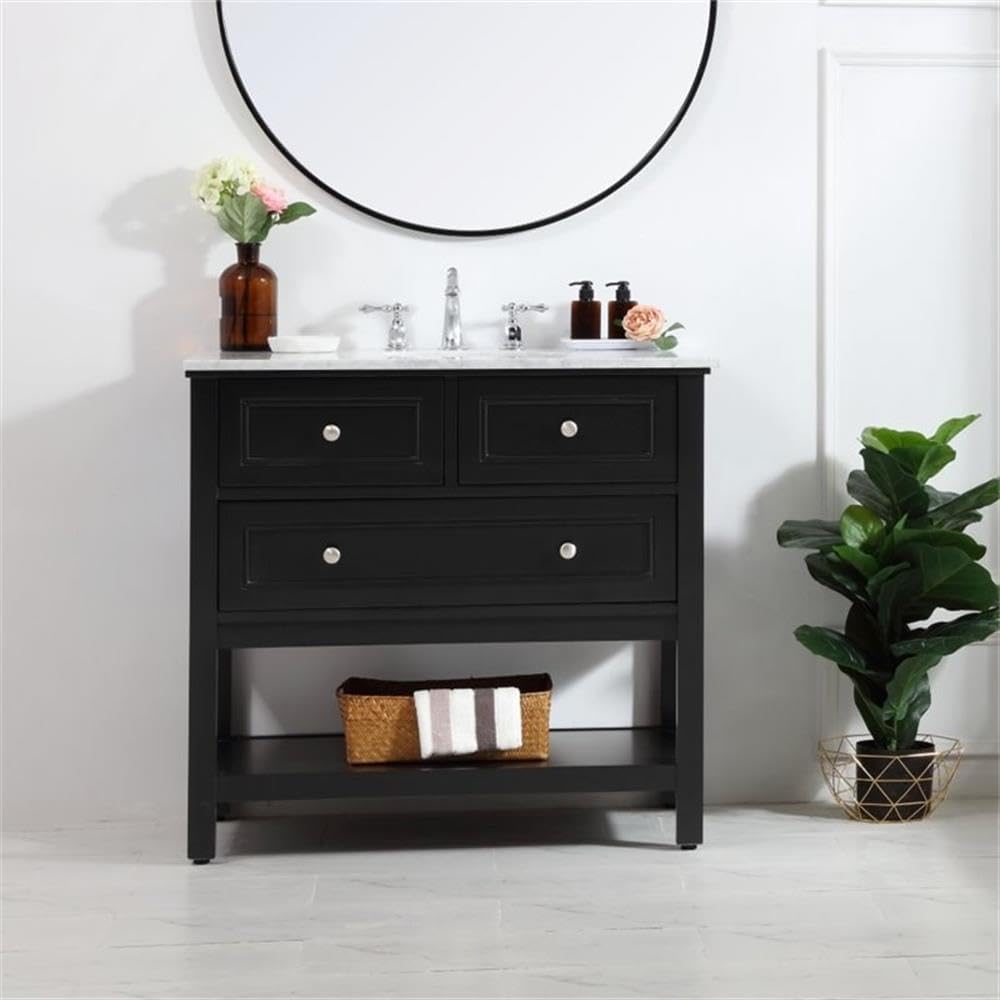 Pemberly Row Contemporary 36' Bathroom Vanity, Solid Poplar Wood Base, Carrara White Marble Top, Hand-Painted Black Finish, Porcelain Undermount Sink, Soft-Close Drawer, Storage Shelf, Free-Standing