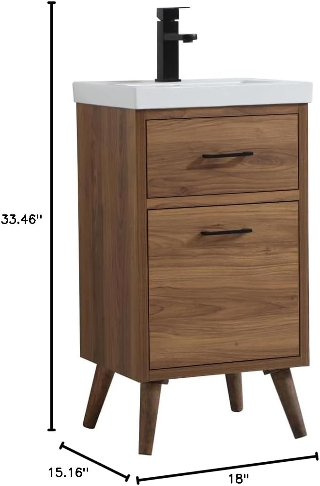 18' Pre-Assembled Bathroom Vanity with Sink, Engineered Wood, White Resin Countertop Attached, Single Rectangle Porcelain Sink, 1 Soft-Close Drawers, Walnut Brown