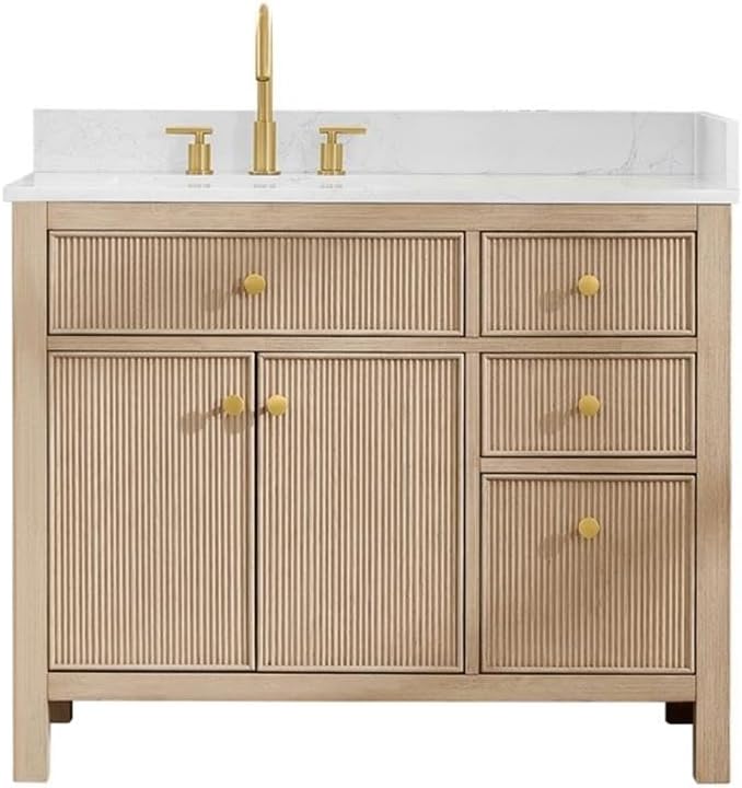 Pemberly Row 42' Wood Bathroom Vanity, Natural Oak Finish, Stone Top, Fluted 2-Door Design, 4 Drawers, Ceramic Sink, Pre-Drilled Faucet Holes, Contemporary Style, Storage for Bathroom Essentials