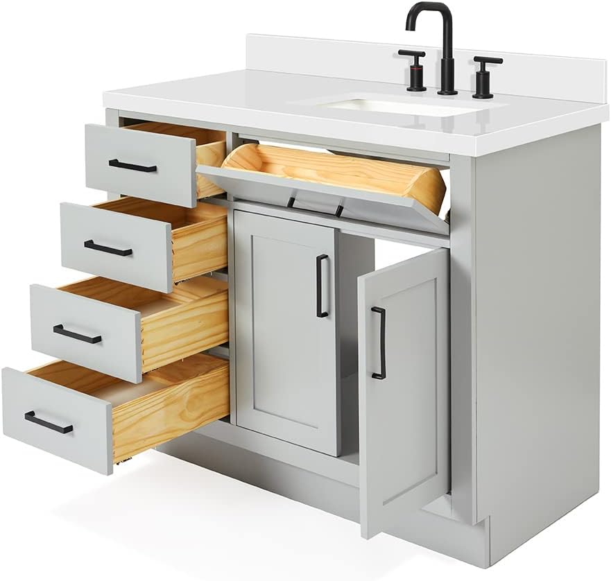 DKB Isabella 42-Inch Gray Single Bathroom Vanity with Sink, 1.5' Pure White Quartz Countertop, Right Rectangular Undermount Sink, Solid Wood Frame, 2 Soft-Close Doors, 5 Dovetail Drawers, Toe Kick