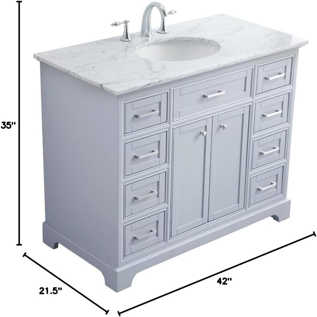 Pemberly Row 42' Single Bathroom Vanity, Solid Wood Base, Light Gray Finish, Carrara Marble Top, Undermount Porcelain Sink, 8 Drawers, 2 Door Cabinet, Free-Standing Design, Contemporary Style for