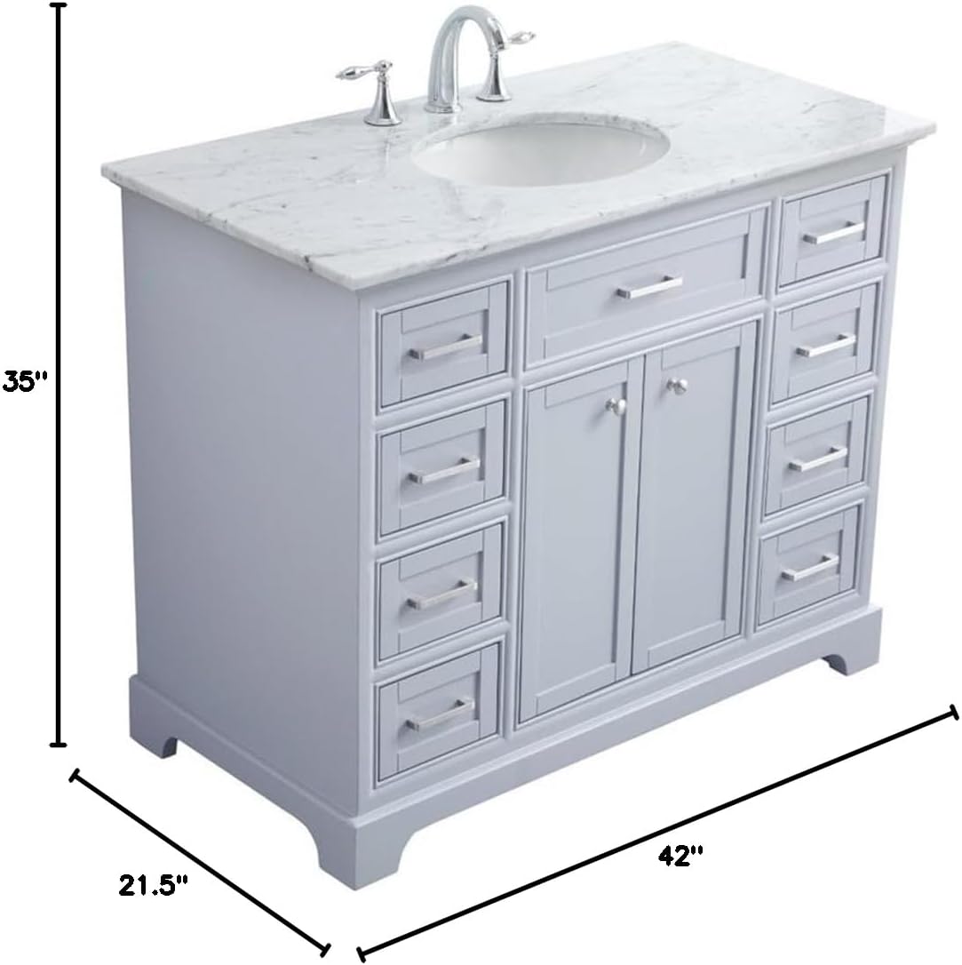 Pemberly Row 42' Single Bathroom Vanity, Solid Wood Base, Light Gray Finish, Carrara Marble Top, Undermount Porcelain Sink, 8 Drawers, 2 Door Cabinet, Free-Standing Design, Contemporary Style for