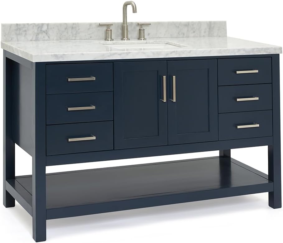 ARIEL Magnolia 54-inch Bathroom Vanity with Sink,Solid Wood, 1.5-inch Italian Carrara Marble Countertop, Single Rectangular Porcelain Sink, 2 Soft Closing Doors, 6 Dovetail Drawers, Midnight Blue
