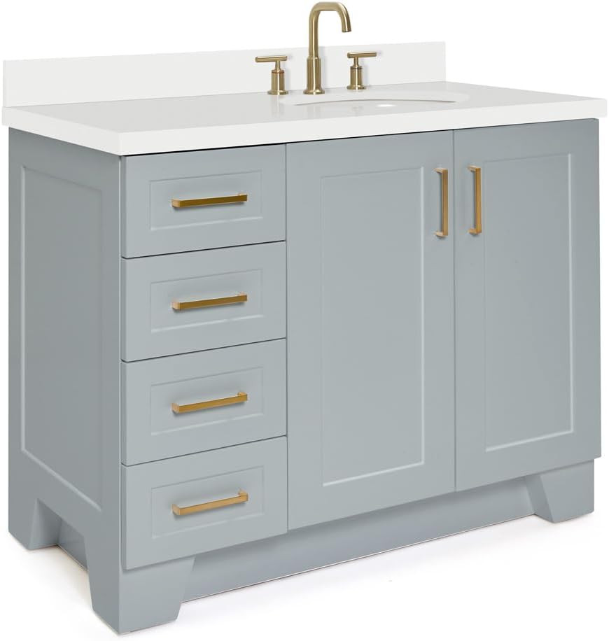 ARIEL Taylor 42-inch Bathroom Vanity with Sink,Solid Wood, 1.5-inch Pure White Quartz Countertop & Backsplash, Single Oval Porcelain Sink, 2 Soft Closing Doors, 5 Dovetail Drawers, Grey