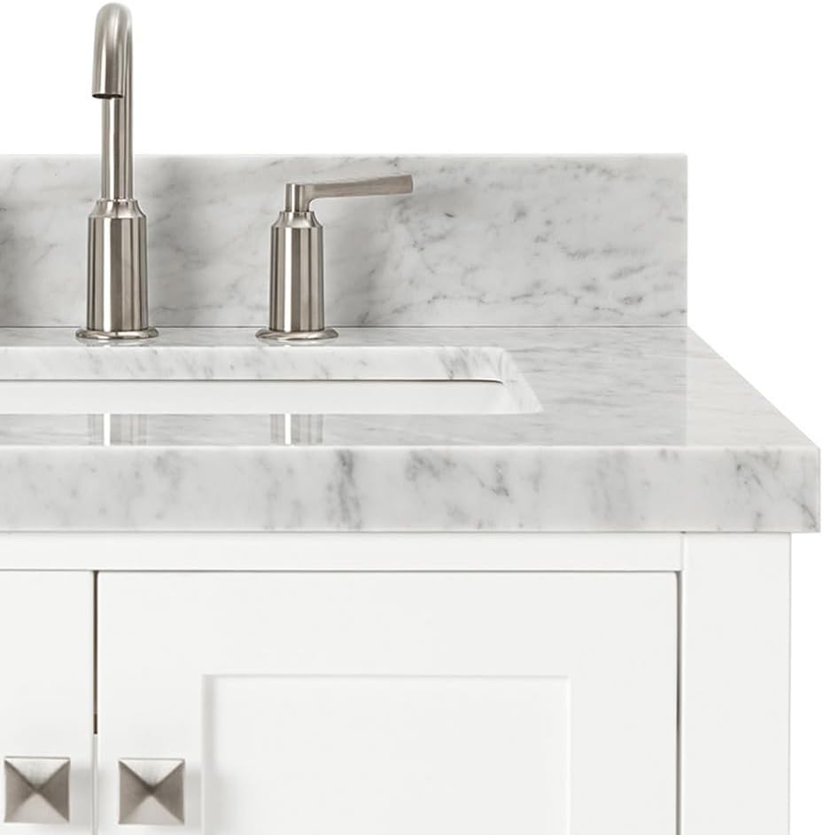 ARIEL Cambridge 36-inch Bathroom Vanity with Sink,Solid Wood, 1.5-inch Italian Carrara Marble Countertop, Single Rectangular Porcelain Sink, 2 Soft Closing Doors, 5 Dovetail Drawers, White