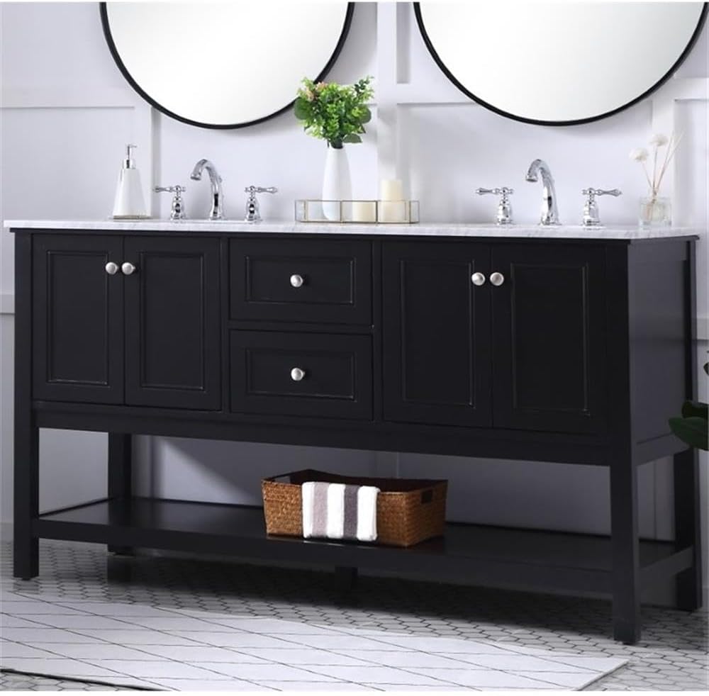 Pemberly Row 60' Double Sink Bathroom Vanity, Solid Poplar Wood, Black Finish, Carrara White Marble Top, 33.75' H x 60' W x 22' D, Two Drawers, Two Cabinets, Soft Close, Contemporary Freestanding