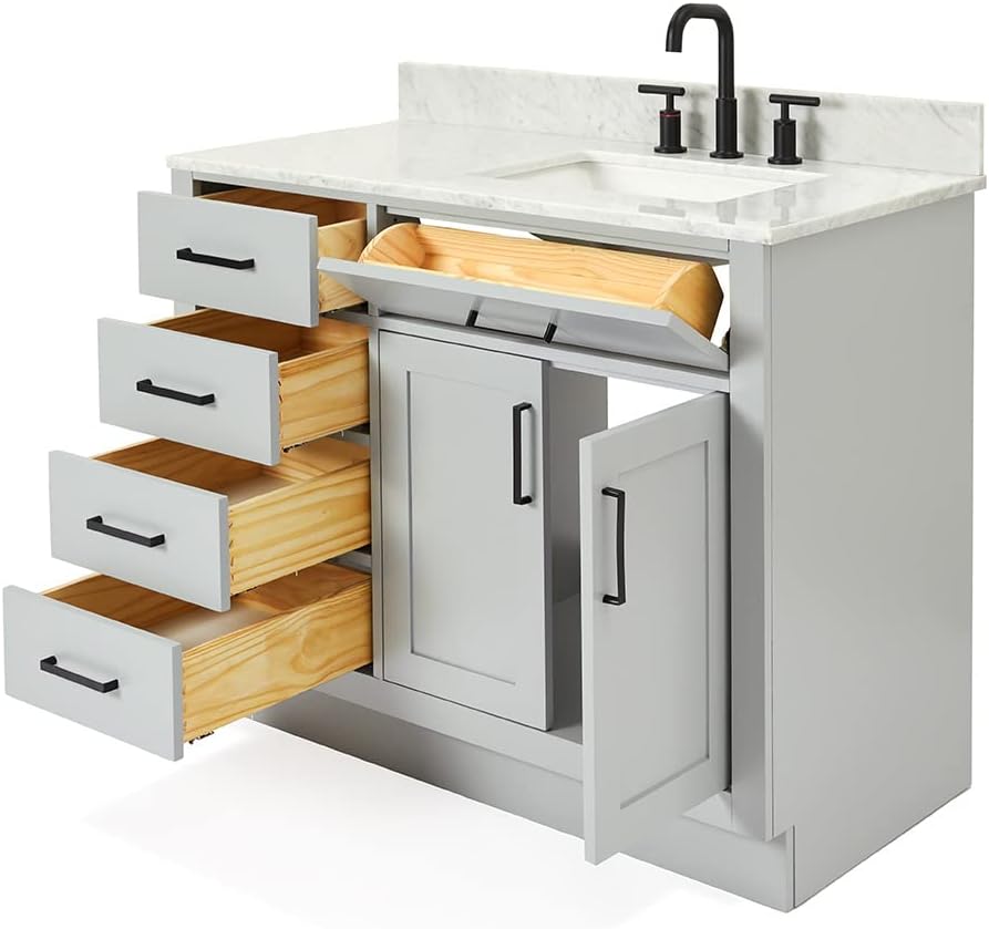 ARIEL Hepburn 43' Inch Right Offset Rectangle Sink Vanity with 0.75 Inch Edge Carrara White Countertop in Grey