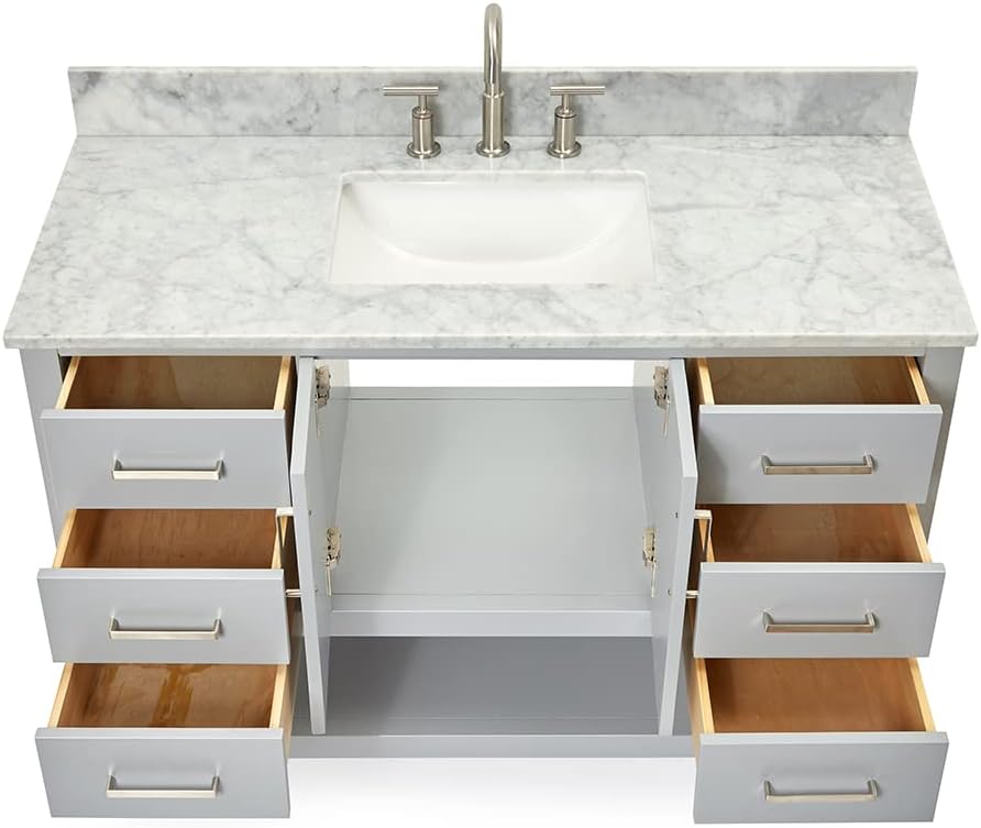 ARIEL Magnolia 48-inch Bathroom Vanity with Sink,Solid Wood, 0.75-inch Italian Carrara Marble Countertop, Single Rectangular Porcelain Sink, 2 Soft Closing Doors, 6 Dovetail Drawers, Grey