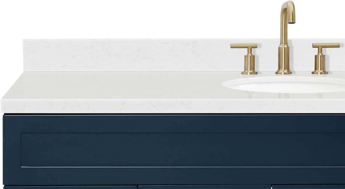 ARIEL Hamlet 60-inch Bathroom Vanity with Sink,Solid Wood, 1.5-inch Carrara White Quartz Countertop & Backsplash, Single Oval Porcelain Sink, 2 Soft Closing Doors, 4 Dovetail Drawers, Midnight Blue