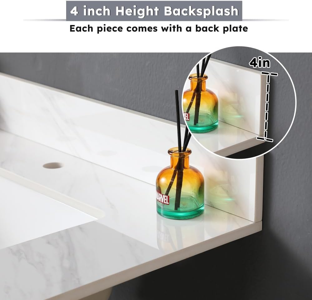 31''W x 22''D Vanity Top, Marble Quartz Bathroom Sink Vanity Top, Sintered Stone Bathroom Vanity with Undermount Ceramic Sink, Bathroom Vanity Sink Countertop, 1 Faucet Hole, White Grey Carra