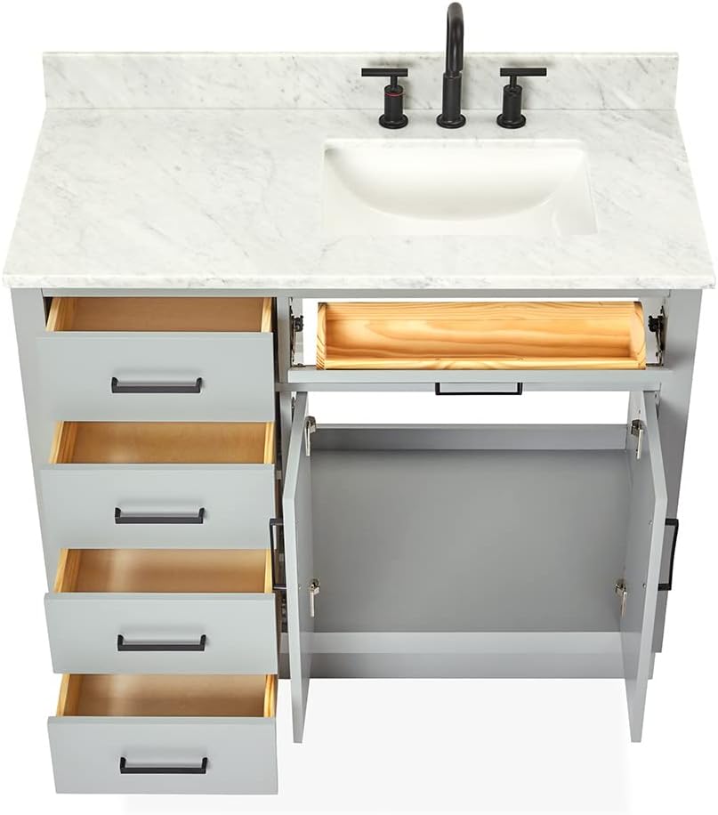 ARIEL Hepburn 43' Inch Right Offset Rectangle Sink Vanity with 0.75 Inch Edge Carrara White Countertop in Grey