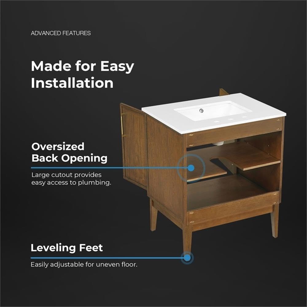 Pemberly Row 30' Bathroom Vanity, Warm Walnut Finish, White Engineered Stone Countertop with Rectangular Undermount Sink, Adjustable Shelf, Soft-Close Doors, Small Bathrooms or Powder Rooms