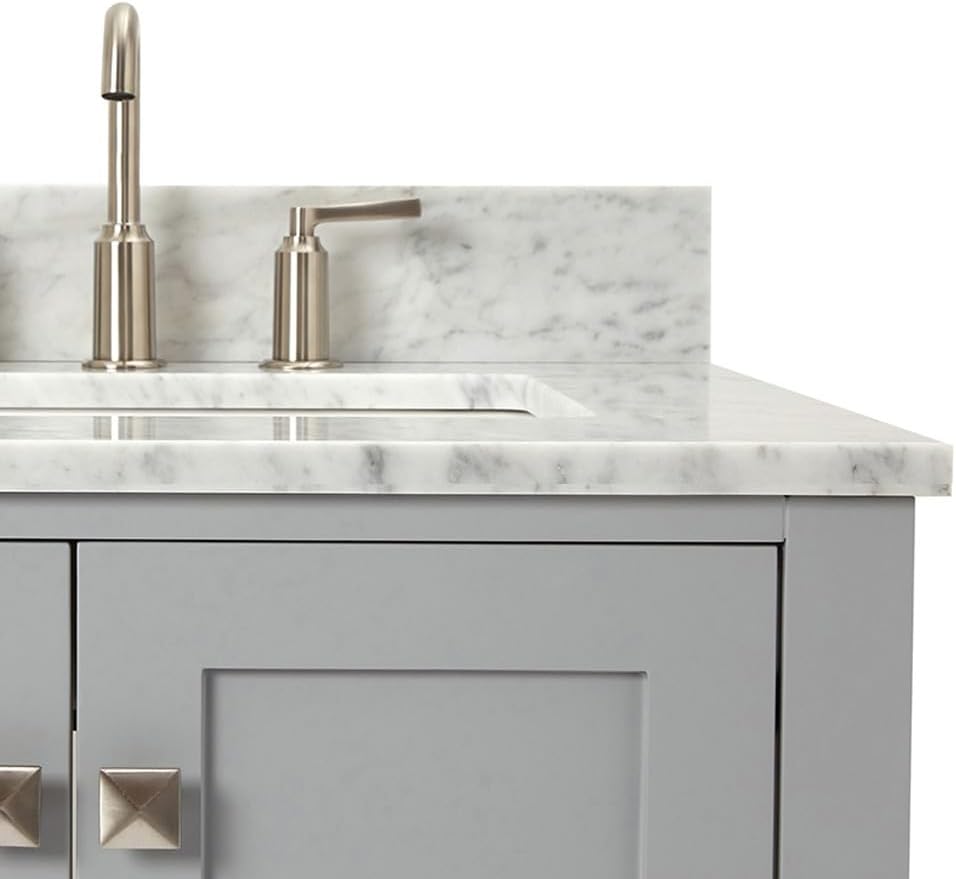 ARIEL Cambridge 36-inch Bathroom Vanity with Sink,Solid Wood, 0.75-inch Italian Carrara Marble Countertop, Single Rectangular Porcelain Sink, 2 Soft Closing Doors, 5 Dovetail Drawers, Grey