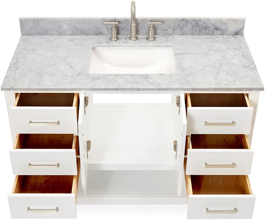 ARIEL Magnolia 48-inch Bathroom Vanity with Sink,Solid Wood, 0.75-inch Italian Carrara Marble Countertop, Single Rectangular Porcelain Sink, 2 Soft Closing Doors, 6 Dovetail Drawers, White