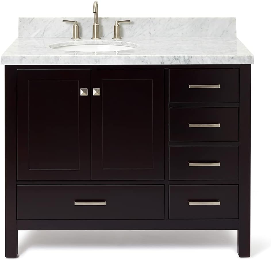 ARIEL Cambridge 42-inch Bathroom Vanity with Sink,Solid Wood, 1.5-inch Italian Carrara Marble Countertop & Backsplash, Single Oval Porcelain Sink, 2 Soft Closing Doors, 5 Dovetail Drawers, Espresso