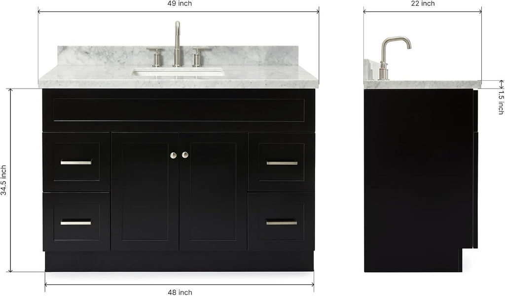 ARIEL Hamlet 48-inch Bathroom Vanity with Sink,Solid Wood, 1.5-inch Italian Carrara Marble Countertop, Single Rectangular Porcelain Sink, 2 Soft Closing Doors, 4 Dovetail Drawers, Black