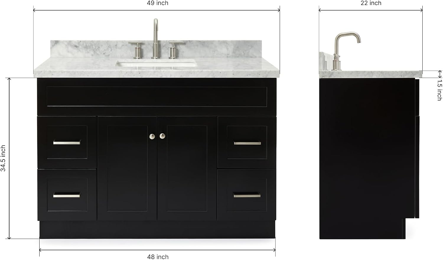 ARIEL Hamlet 48-inch Bathroom Vanity with Sink,Solid Wood, 1.5-inch Italian Carrara Marble Countertop, Single Rectangular Porcelain Sink, 2 Soft Closing Doors, 4 Dovetail Drawers, Black